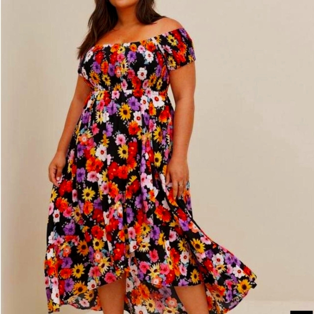 Torrid Red Pink Off-Shoulder Flutter Sleeve High Low Dress